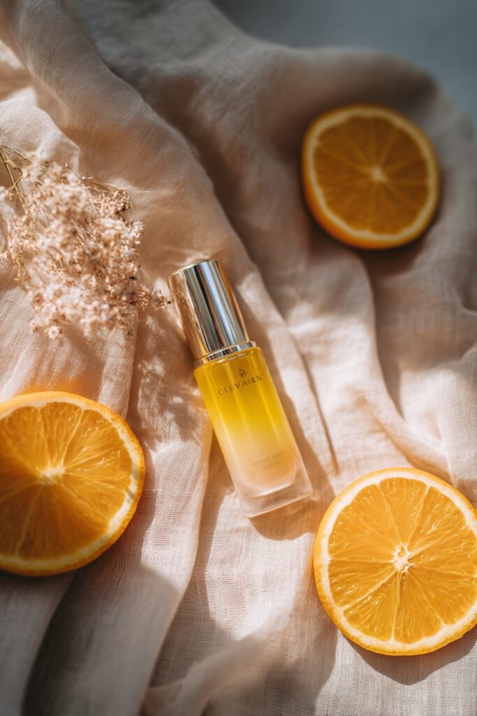 Elegant product photography of serum bottle with floral label, gel cream, and water mist arranged with orange slices on gold background.