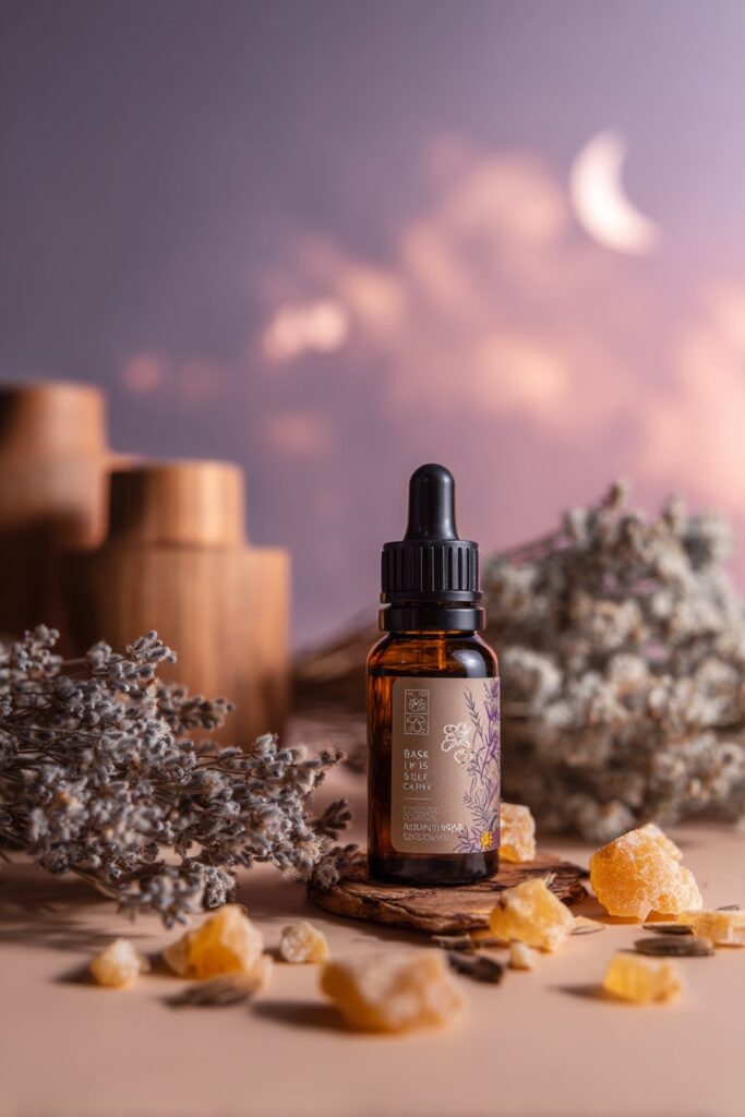 Amber oil bottle containing night repair oil, surrounded by dried clary sage and myrrh resin on twilight purple and beige background.