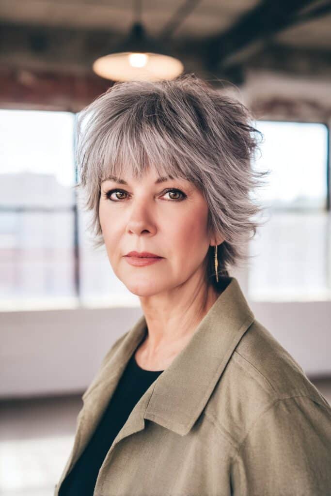"Elegant portrait of 50+ woman with voluminous neck-length shag in bright loft with natural daylight."