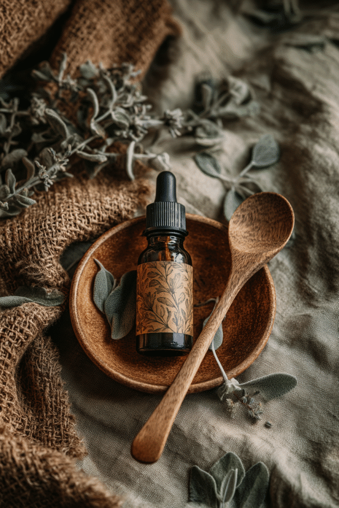 Flat lay of a dark amber dropper bottle with herb design, surrounded by oregano leaves and wooden spoon on a herb green background."