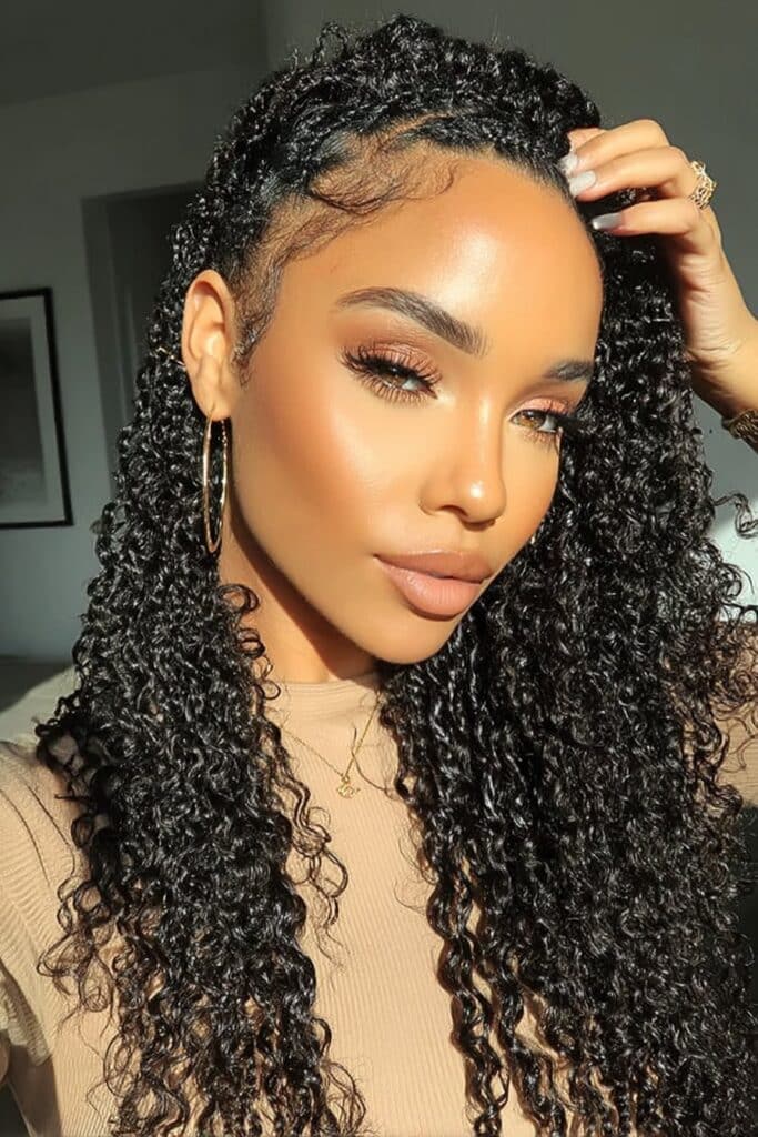 Soft, textured twists created with curly or wavy synthetic hair, resulting in a romantic, voluminous style with natural-looking movement.
