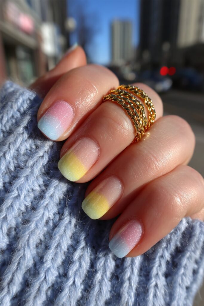Nail design featuring soft pastel rainbow colors as French tips on each nail, creating a dreamy summer look with pink, yellow, green, and blue hues. Each nail painted a different pastel color resembling colorful skittle candy, creating a playful summer manicure style. Delicate pastel rainbow stripes on a translucent base, creating a soft, modern minimalist nail design. Bold pastel rainbow swirls covering the entire nail surface with a glossy, eye-catching acrylic finish. Dynamic nail design with diagonal pastel rainbow tips that blend into a soft nude-pink base on each nail. Vibrant neon rainbow base colors decorated with small white daisy accents for a cheerful summer manicure. Clear base nails with neon rainbow tips designed to look like dripping paint for a trendy summer style. Dazzling nail design with bright neon rainbow swirls outlined in white glitter for an energetic look. Futuristic nail design with neon rainbow gradients decorated with tiny sparkling holographic star decals. Soft pastel colors blending across all nails to create a complete rainbow spectrum with subtle gradient effects. Dimensional summer nail art featuring shimmering 3D glitter effects over ombre rainbow backgrounds. Trendy short square nails with ultra-thin, minimal rainbow-colored micro French tips for a subtle summer look. Short almond-shaped nails featuring colorful marble patterns that blend rainbow hues for an artistic effect.