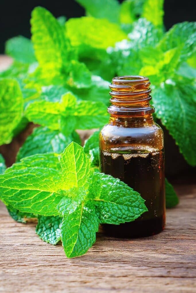 Bottle of peppermint essential oil with fresh mint leaves, highlighting this cooling oil known for digestive benefits.