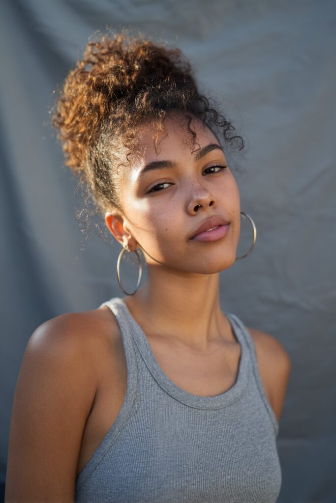 Confident young American woman with curly hair in pineapple updo, wearing hoop earrings and summer tank top against gray fabric.