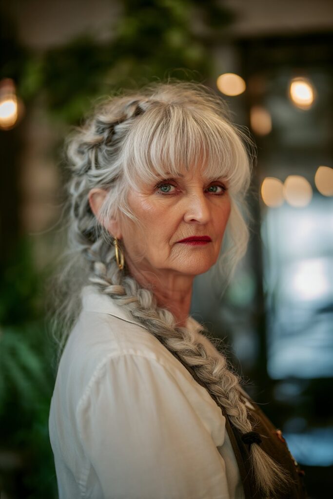 Natural lighting portrait featuring pixie mullet hairstyle with volume and braided accents in green indoor setting.