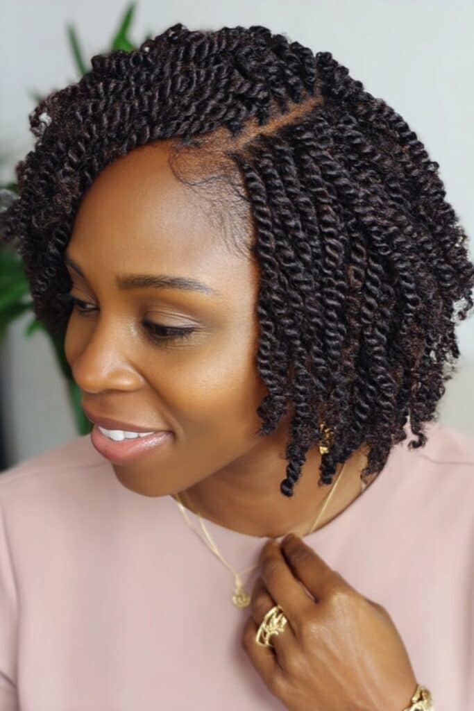 Short, compact protective twists styled in a cropped pixie cut with textured, well-defined coils framing the face elegantly.