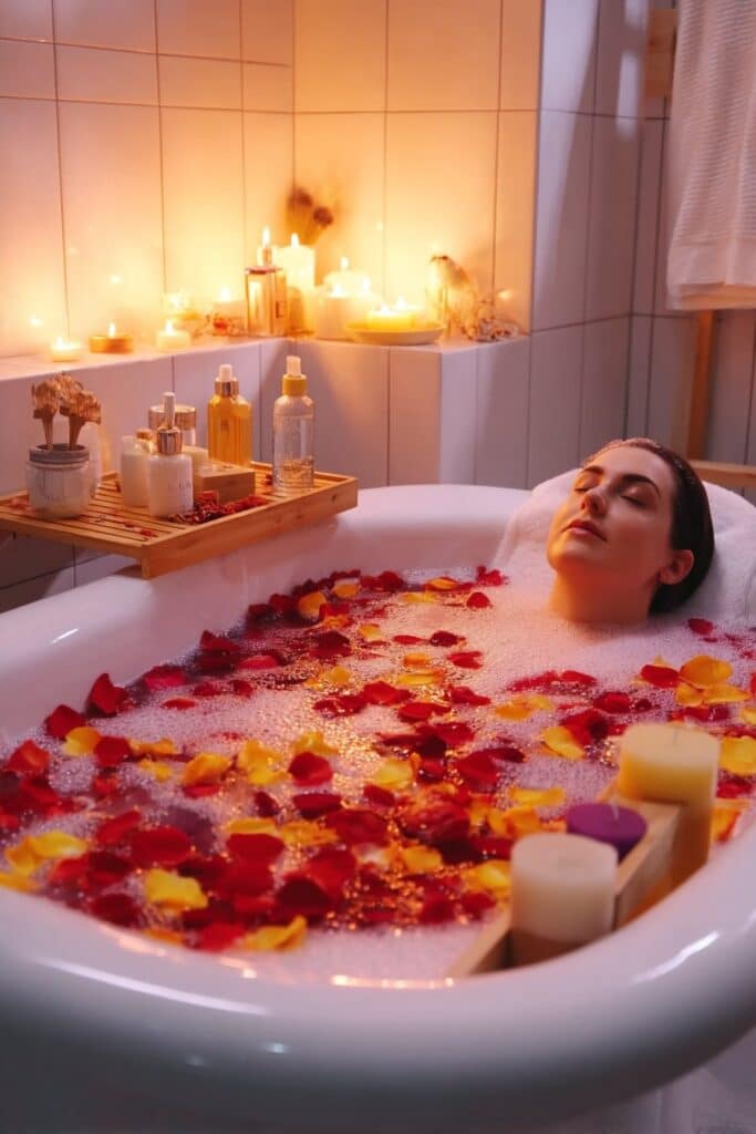 Aesthetically arranged bath essentials including oils, salts, and candles on wooden tray beside elegant bathtub, ready for self-care ritual.