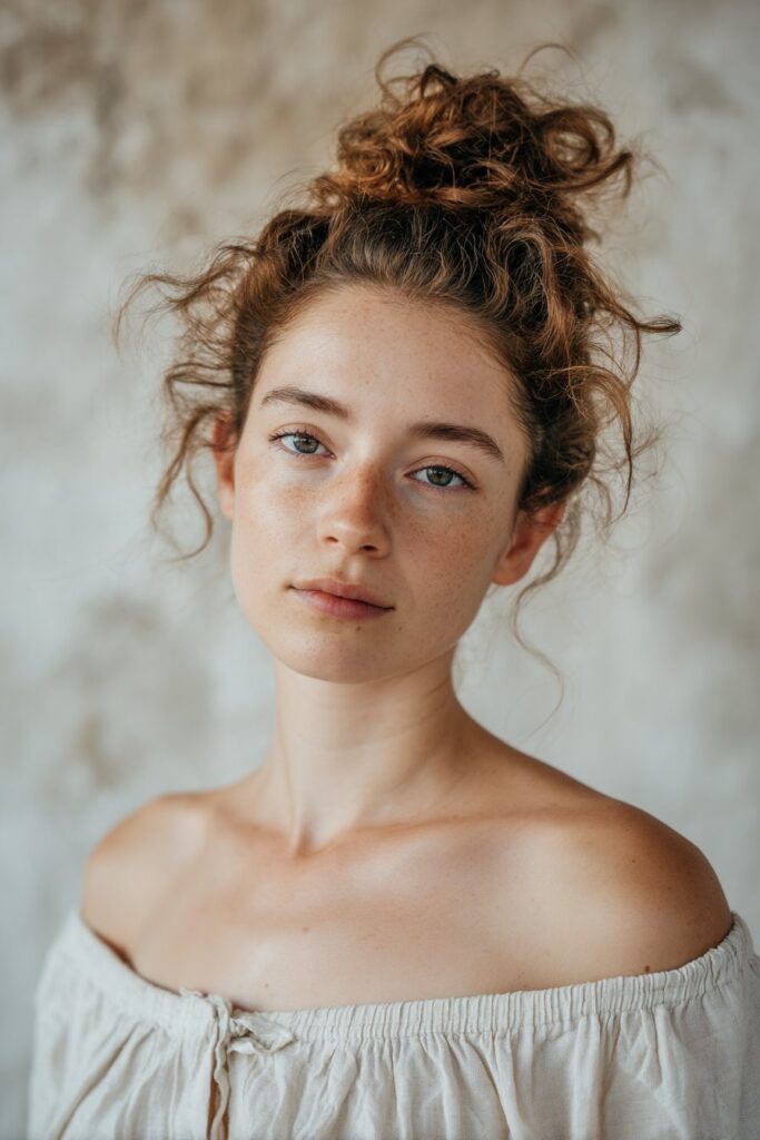 Young American woman with naturally curly hair in loose messy bun, wearing off-shoulder cotton top against textured plaster wall.