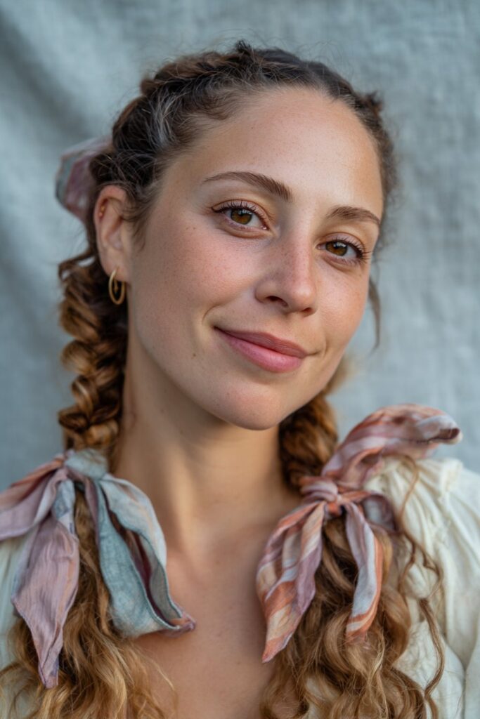 American woman with soft braids tied with pastel ribbons, romantic summery style, soft smile, gray backdrop.