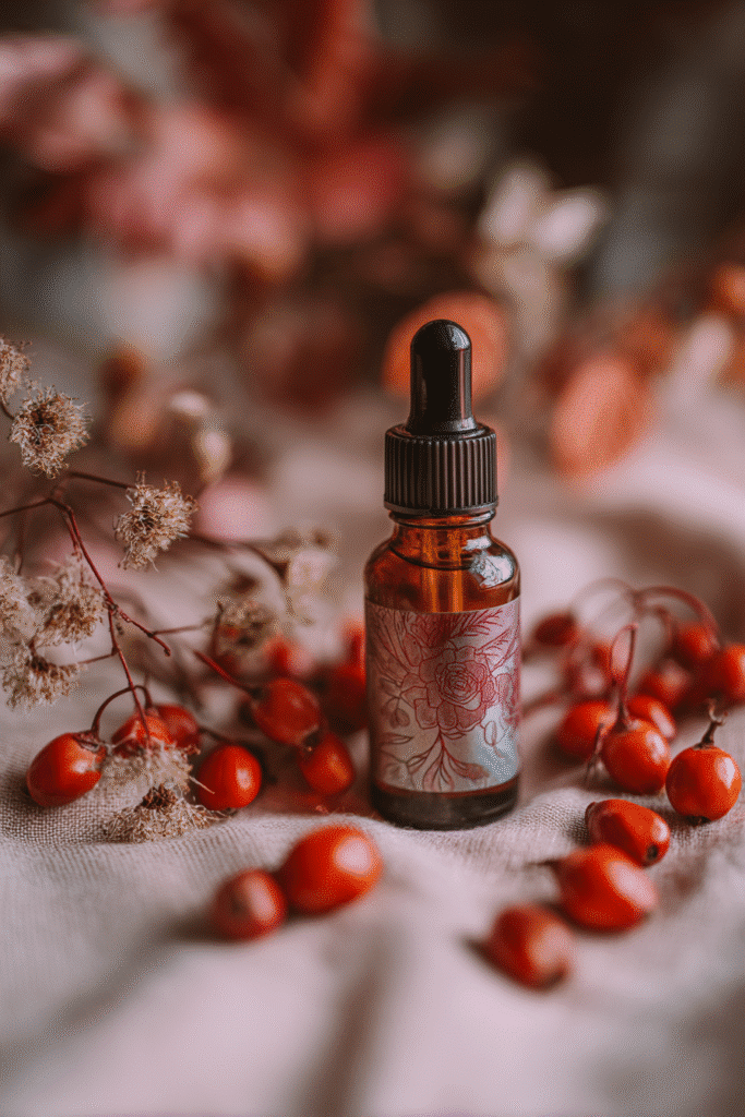 "Flat lay of an amber dropper bottle with rose label, surrounded by rosehip berries and petals on a blush pink and ivory background."