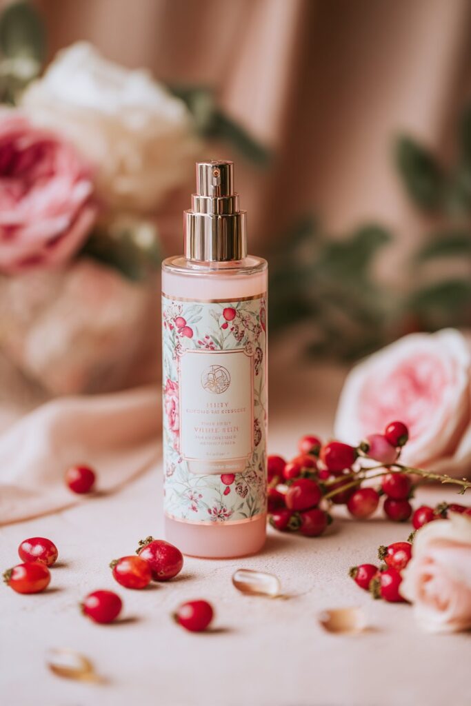Rose-tinted bottle containing scar fading blend, surrounded by rosehip berries and vitamin capsules on blush pink and cream background.