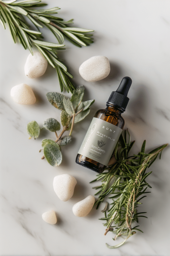 "Flat lay of a dropper bottle with rosemary label, surrounded by rosemary sprigs and stones on a mint and white background."