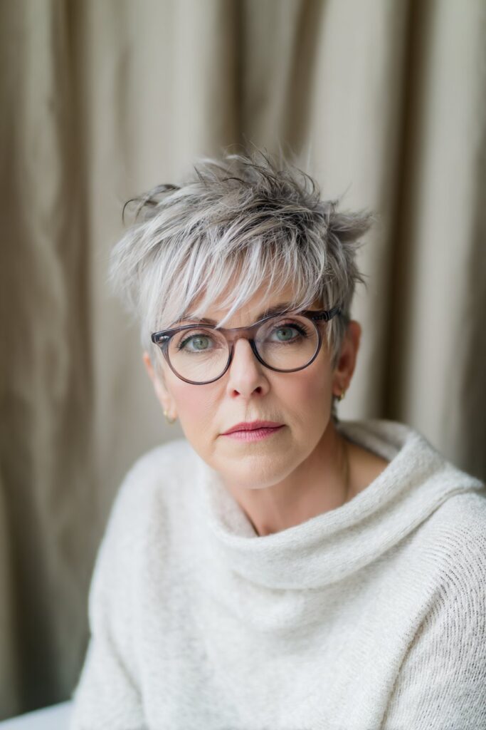 "Elegant boho portrait of 50+ woman with youthful shaggy pixie and modern glasses in neutral setting."