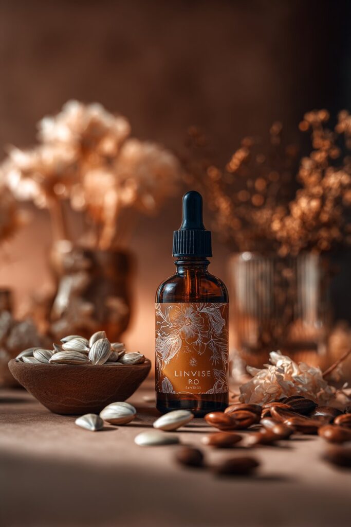 Small amber oil bottle containing balancing oil, surrounded by jojoba seeds and sandalwood chips on soft bronze and almond background.