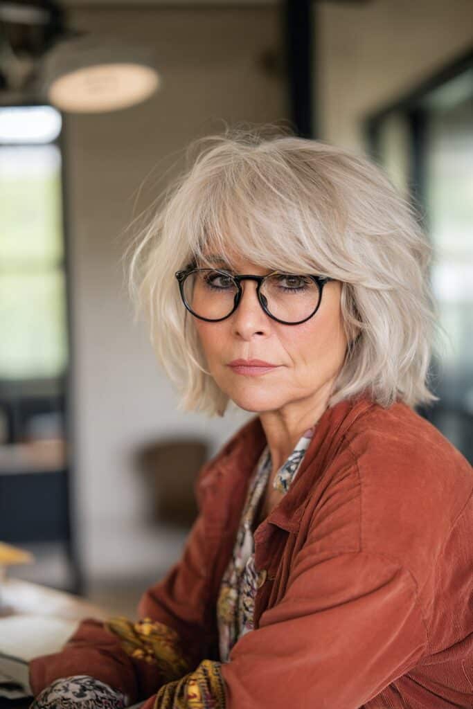 "Bright loft portrait of 50+ woman with glasses-friendly shaggy bob and stylish frames in natural daylight."
