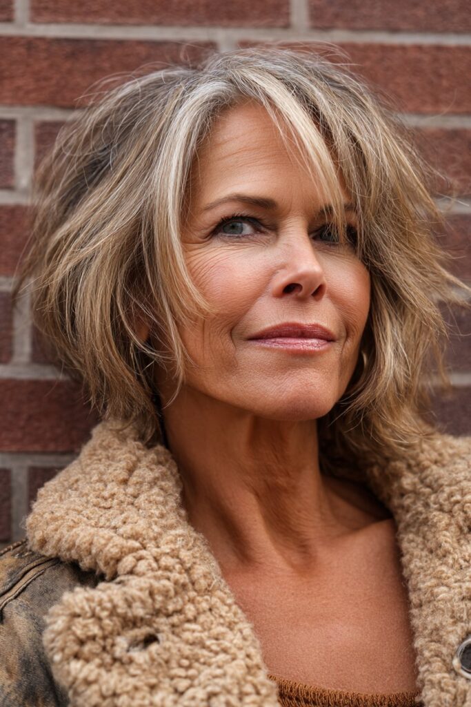 "Sophisticated mature woman with lowlighted shaggy bob hairstyle photographed against urban brick wall in natural light."