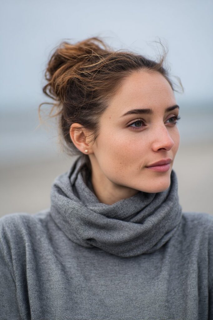American woman with beach wave texture in low sleek bun, minimalist outfit, radiant skin, gray fabric backdrop.