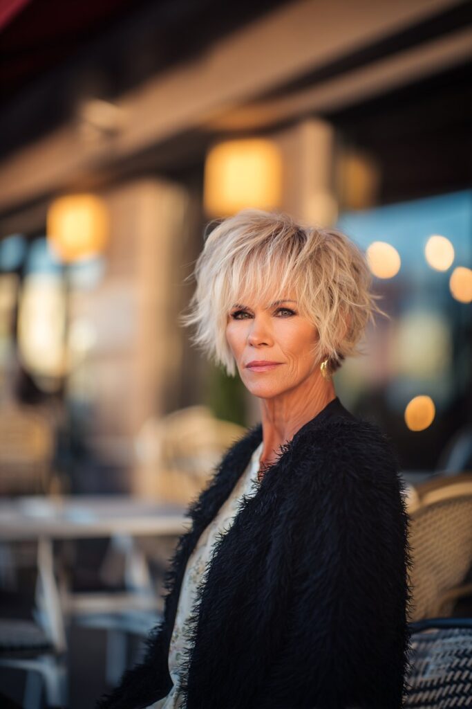"Warm-lit café portrait of mature woman with short razored shag hairstyle and subtle makeup."