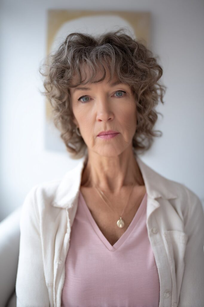 "Clean studio portrait of confident mature woman with naturally wavy short shag against white background."