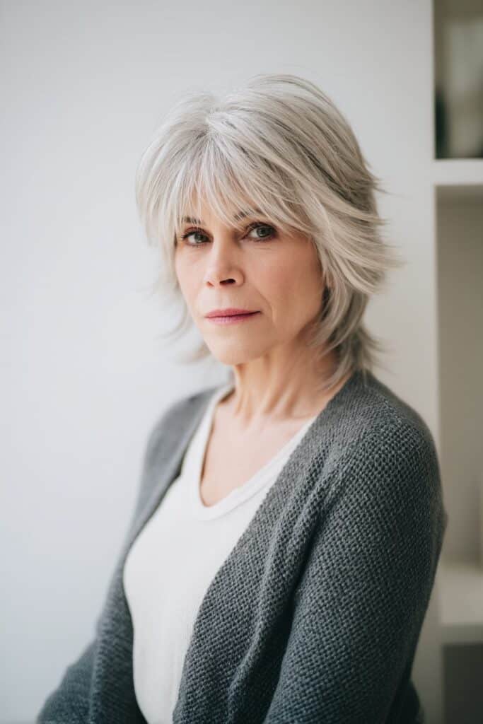"Clean studio portrait of confident mature woman with razored short shag against minimalist white background."
