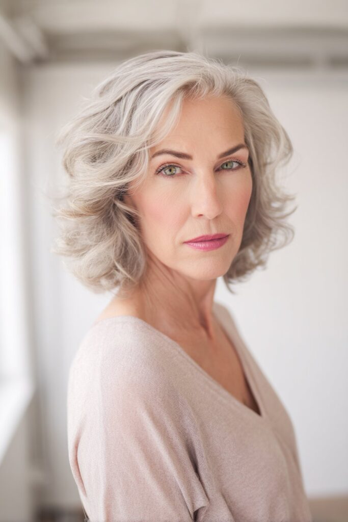 "Clean studio portrait of confident mature woman with shoulder-length wavy hair against white background."