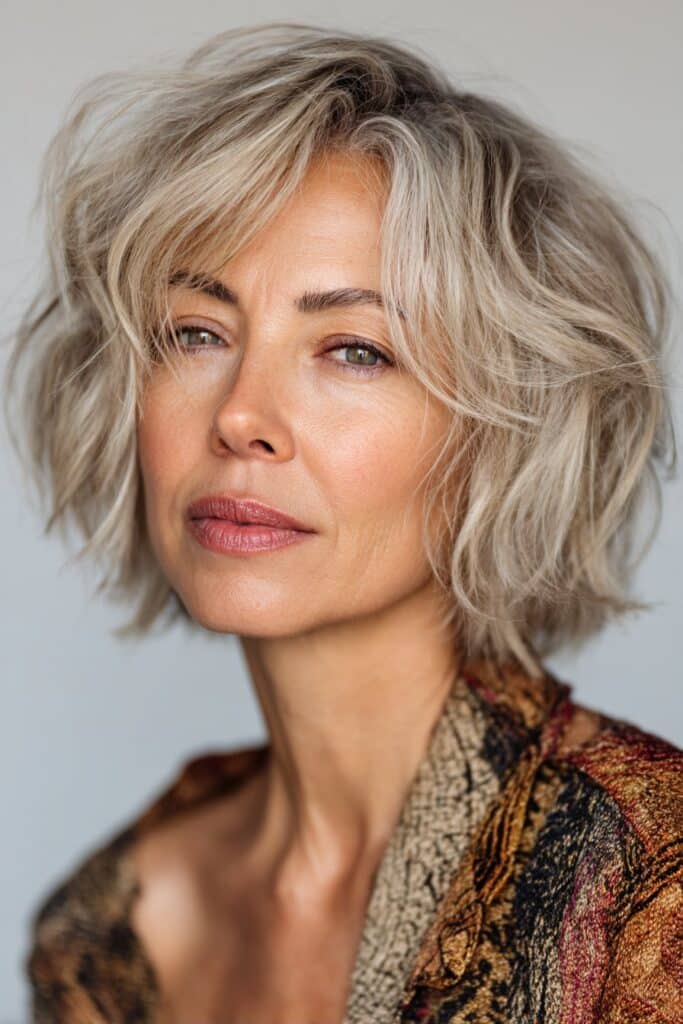 "Elegant beauty shot of mature woman with thick side-swept bangs, subtle makeup against gray backdrop in natural light."