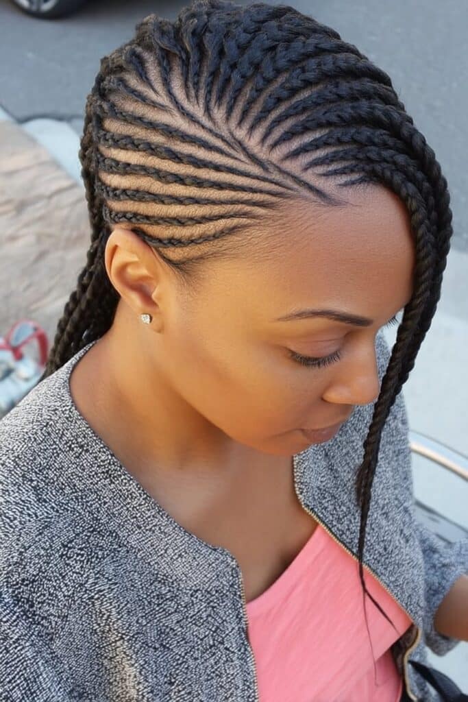 Cornrow braids styled diagonally across head from one side, creating asymmetrical pattern with elegant directional flow.