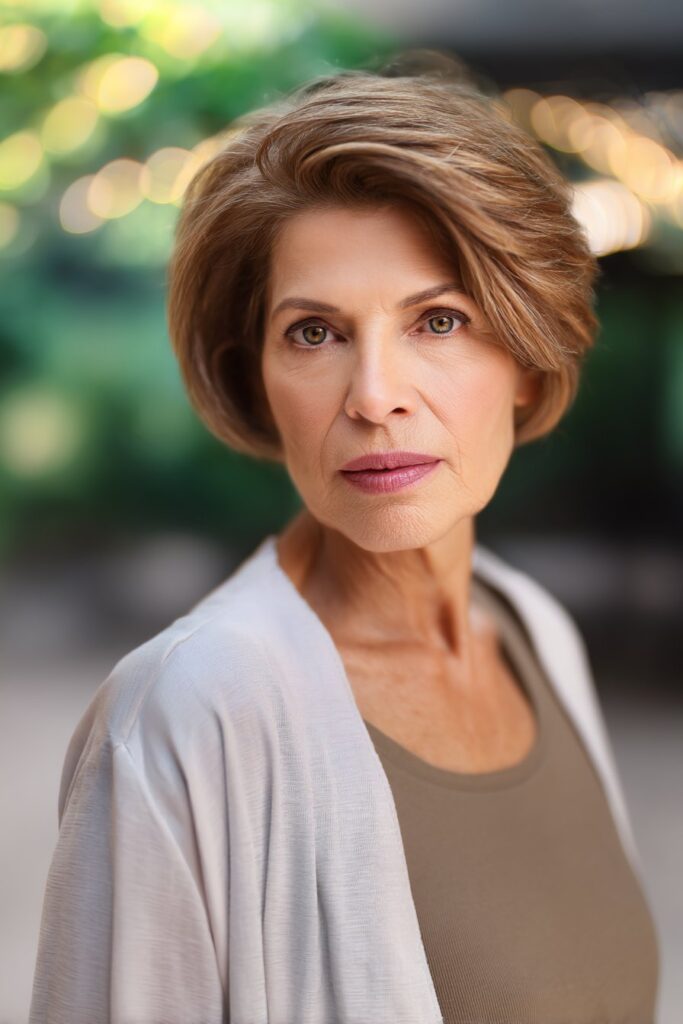 "Natural indoor portrait of mature woman with side-swept layered hair surrounded by greenery and soft lighting."