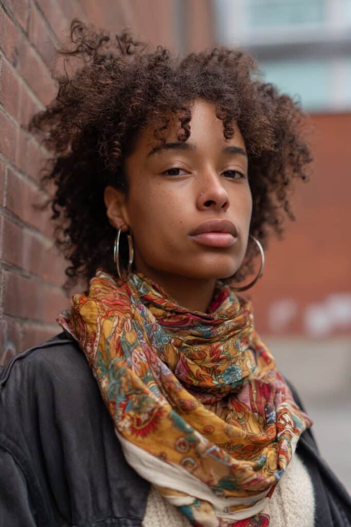 Young American woman with curly hair wrapped in colorful silk scarf, wearing summer outfit with hoop earrings against brick wall.