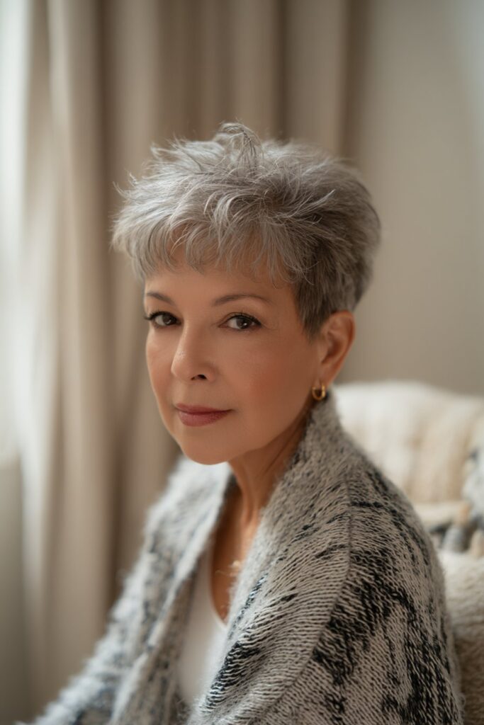 "Sophisticated boho portrait of mature woman with silver shaggy pixie in neutral interior with soft textures."