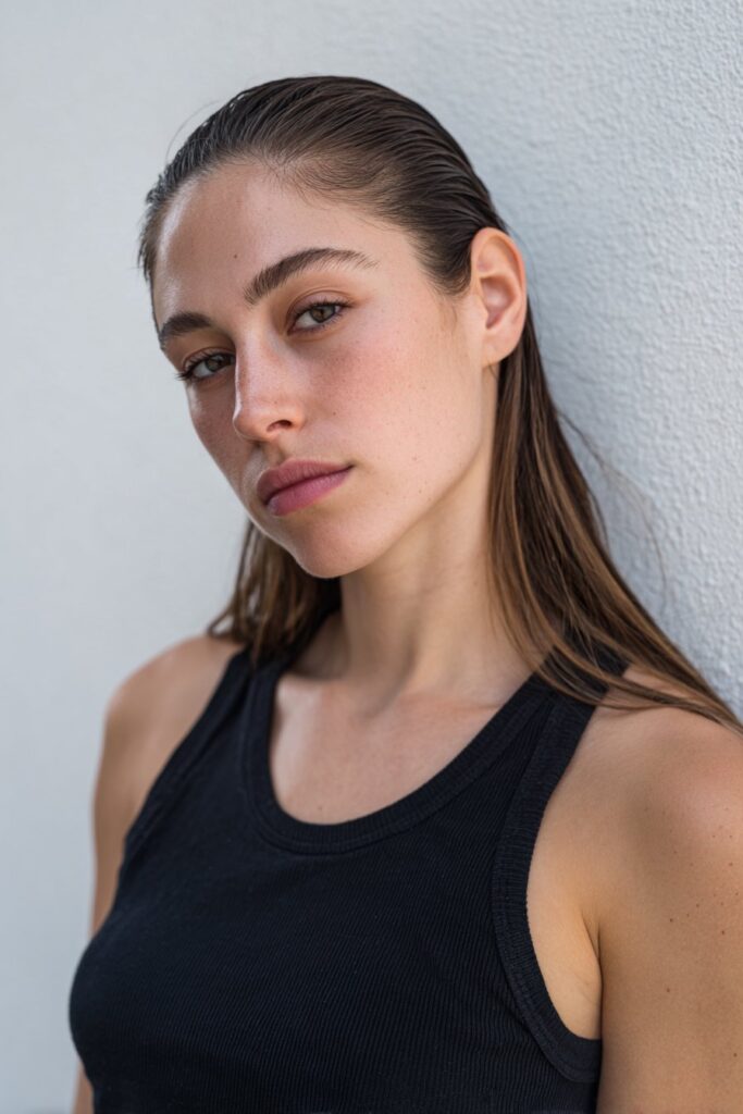 American woman with slicked-back straight hair, dewy makeup, minimalist tank top, posed against seamless white backdrop.