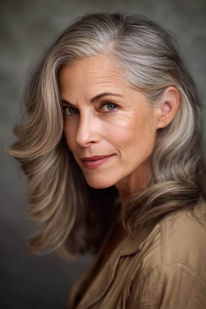 "Elegant mature woman with thick side-parted hair in soft waves photographed against gray fabric with natural lighting."