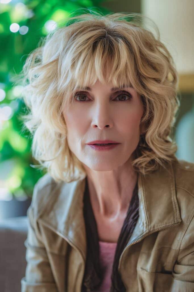"Natural beauty photo of 50+ woman with soft wavy shag hairstyle in greenery-filled indoor setting."