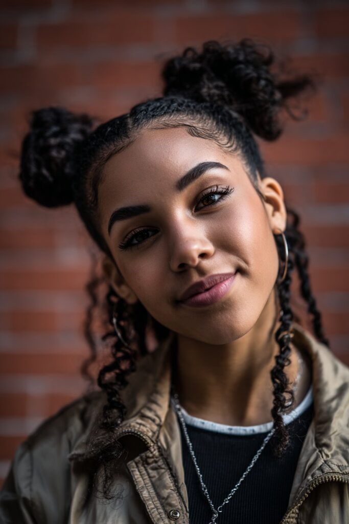 Woman with playful space buns hairstyle photographed against urban brick wall, trendy outfit and natural makeup.