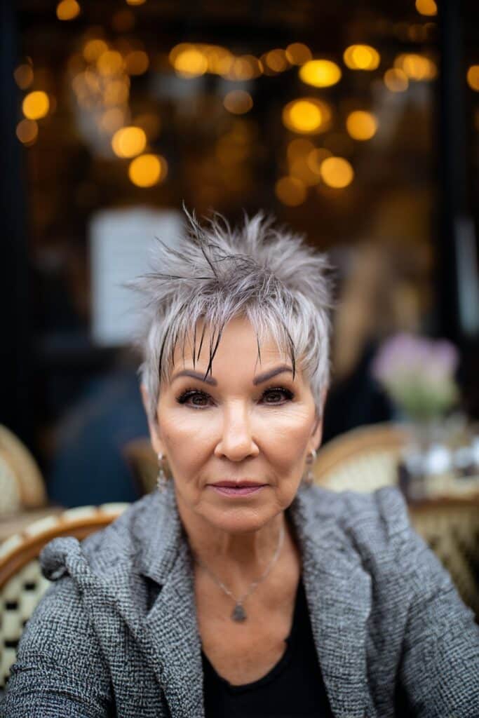 Outdoor café portrait featuring spiky fauxhawk pixie style with braided elements and blurred restaurant background atmosphere.