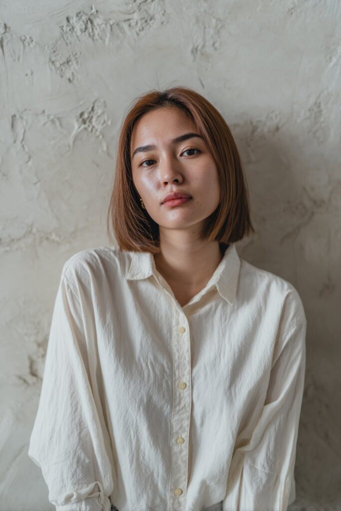 American woman with straight blunt bob, glossy brown hair, fitted summer blouse, posed against textured plaster wall.