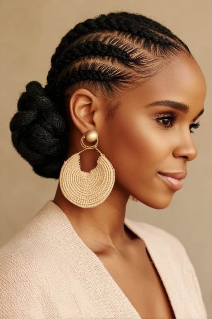 Precise cornrow braids with visible parting lines gathered and twisted into elegant low bun at nape.