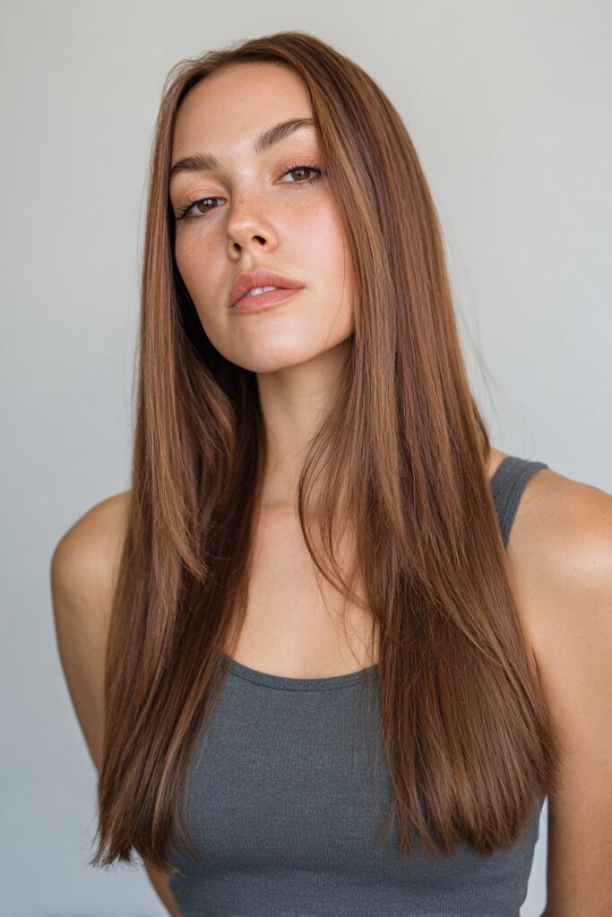 American woman with sleek straight hair, long layers, elegant arched bangs, neutral makeup, fitted top against seamless white backdrop.