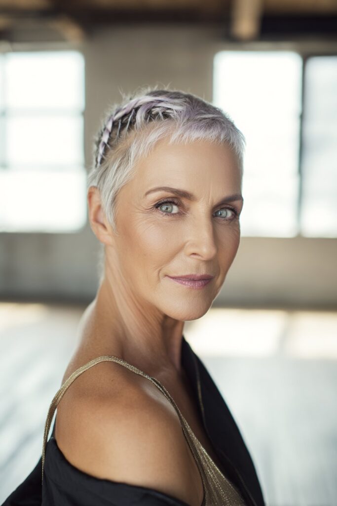 Loft portrait showcasing straight pixie with highlights and braided details with natural window light and daylight.