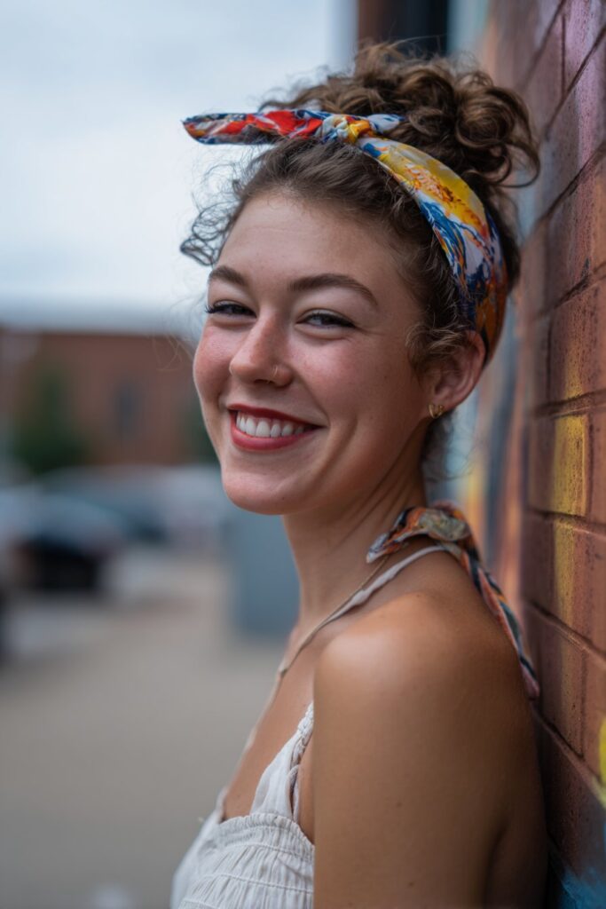 American woman with wavy hair tied with colorful bandana, cheerful beachwear outfit, smiling against urban brick wall.