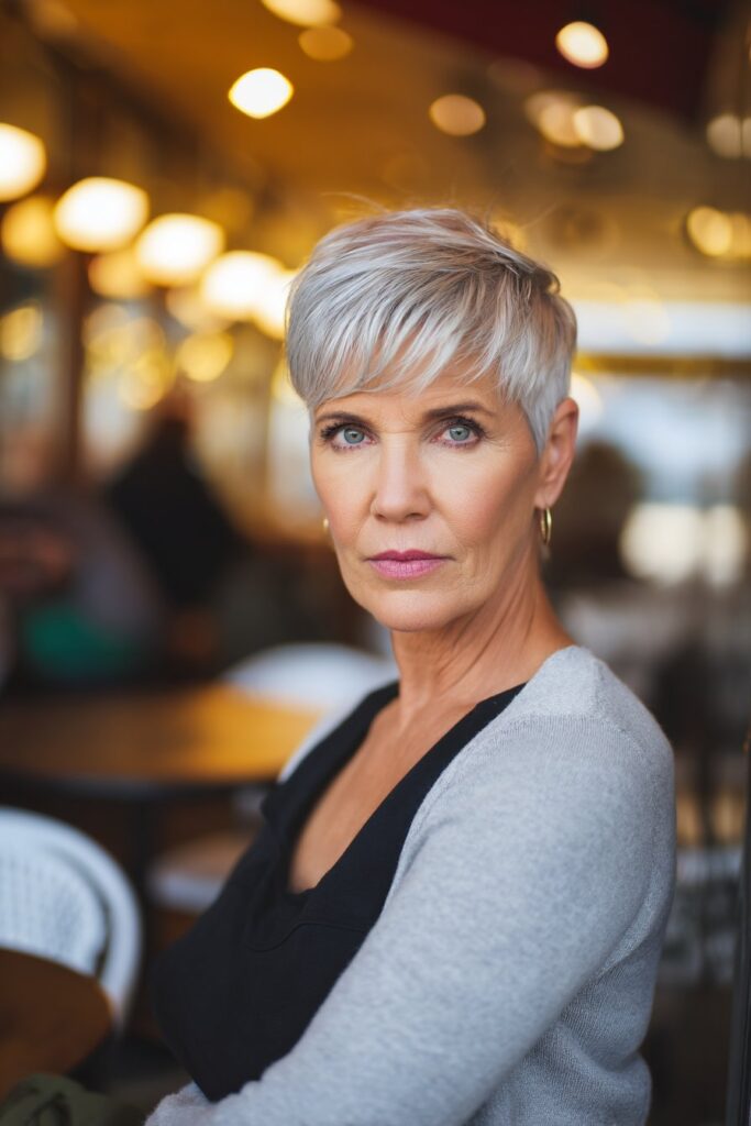 "Warm café portrait of 50+ woman with tapered crop hairstyle in stylish outfit against blurred restaurant background."