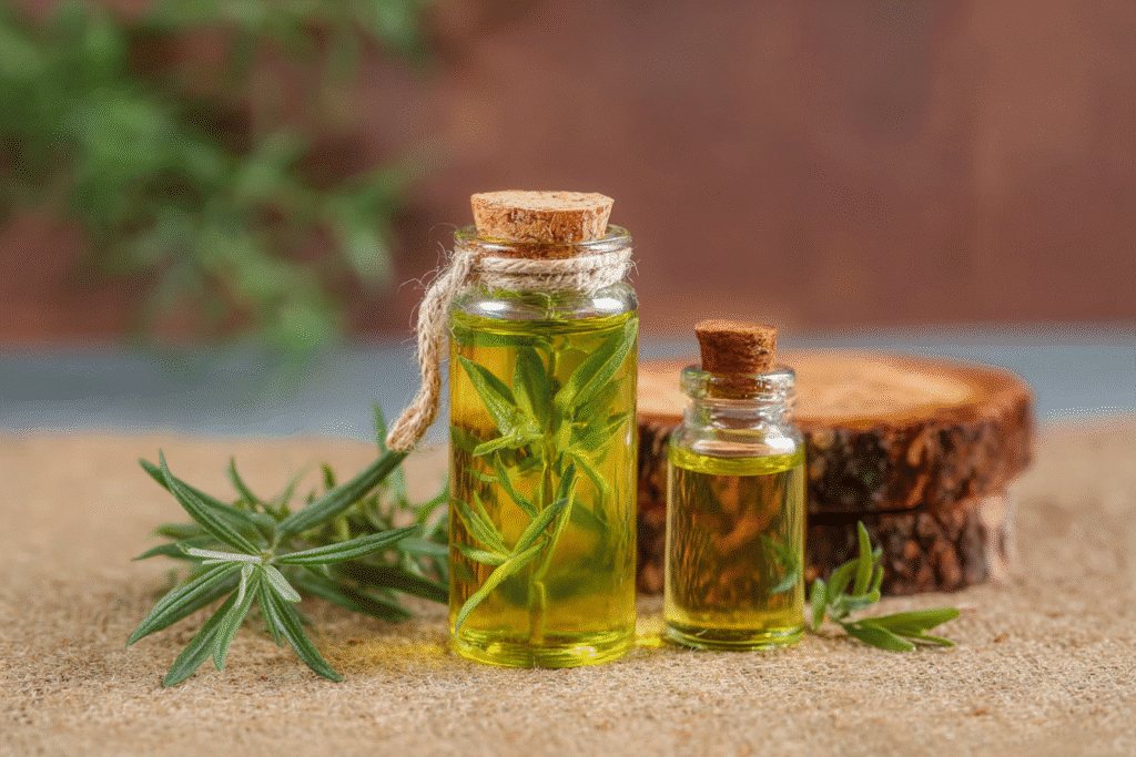Bottle of tarragon essential oil with fresh tarragon herbs displaying delicate leaves, used for digestive support.
