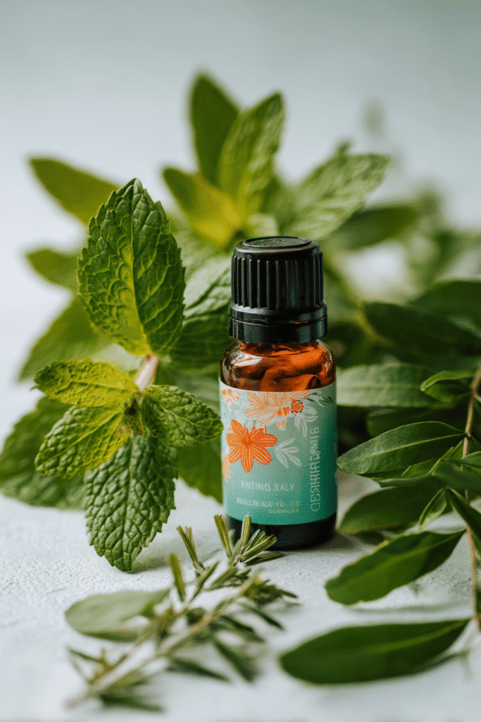 "Flat lay of a small amber bottle with floral label, surrounded by tea tree leaves and green sprigs on a mint and white background."