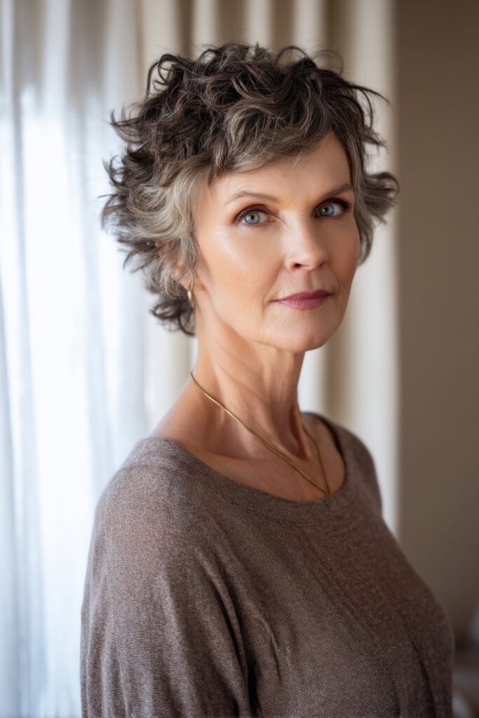 "Sophisticated boho portrait of mature woman with textured crop hairstyle in neutral interior with soft textures."