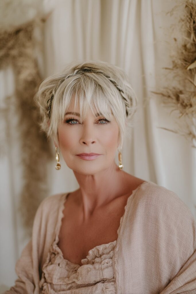 Beauty portrait featuring textured pixie cut with side bangs and subtle braids in soft boho interior setting.
