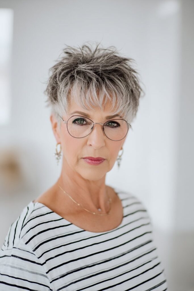 "Professional studio portrait of confident 50+ woman with textured pixie hairstyle and stylish glasses against white background."