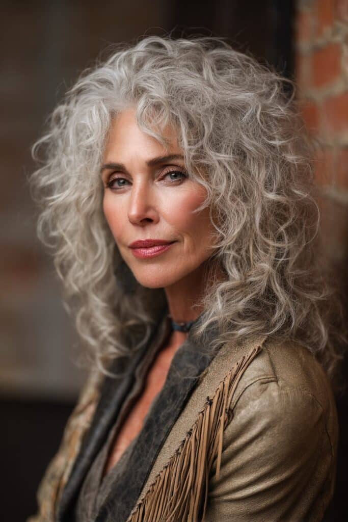 Woman over 50 with thick hair styled in modern textured shag hairstyle, photographed against urban brick wall with confident expression.