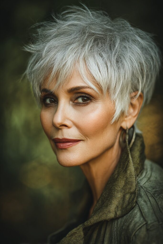 "Confident mature woman with textured shaggy pixie photographed in forest setting with stylish outfit and minimal makeup."