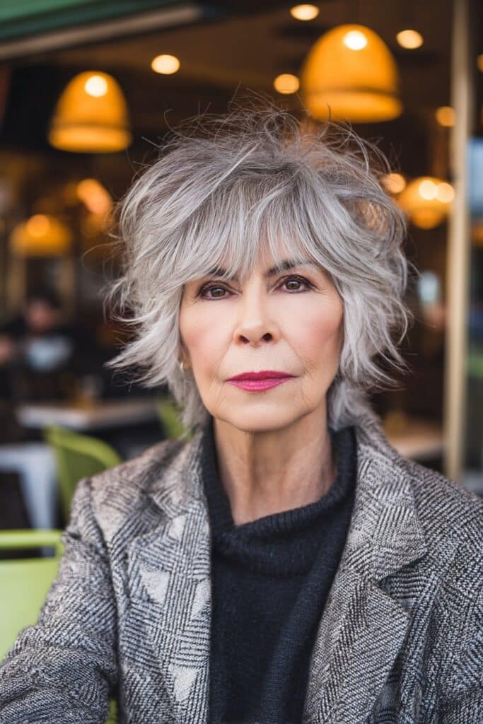 "Stylish portrait of 50+ woman with textured wedge shag hairstyle in warm-lit outdoor café setting."