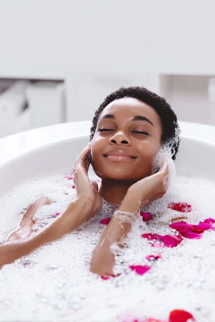 Visual guide showing sequential bath steps from cleansing to moisturizing, demonstrating proper technique for skin radiance.